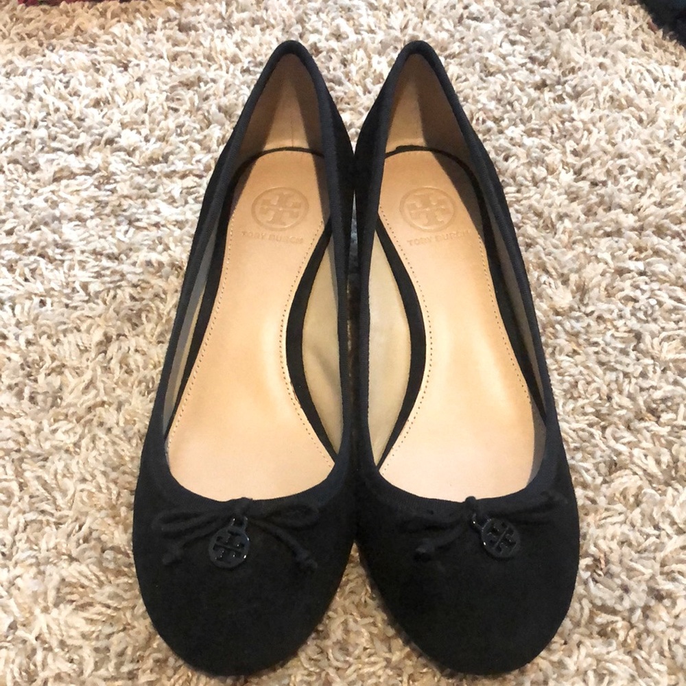 Tory Burch suede black wedges 8M. Worn a few times.